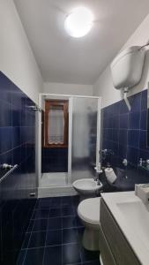 La salle de bains est pourvue de toilettes, d'un lavabo et d'une douche. dans l'établissement Appartamento immerso nella natura, à Frontignano