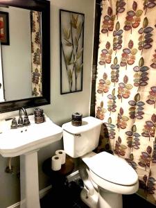 a bathroom with a toilet and a sink and a mirror at The Oasis in Clinton +62 photos