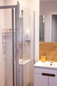 y baño con ducha y lavamanos. en Maya's Flats & Resorts 39 - Walowa 25D, en Gdansk
