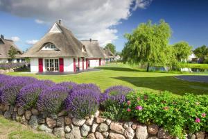 a house with a thatched roof with purple flowers at Holiday house, Fuhlendorf in Fuhlendorf