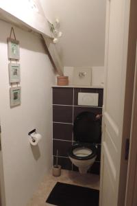 a bathroom with a black toilet in a room at Chambre à la campagne in Québriac