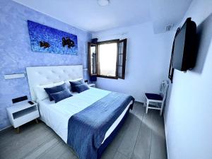 a blue bedroom with a bed and a tv at Apartamentos El Bergantin Menorca Club in Fornells