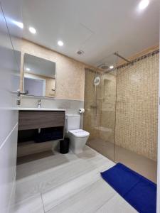 a bathroom with a toilet and a sink and a shower at Apartamentos El Bergantin Menorca Club in Fornells