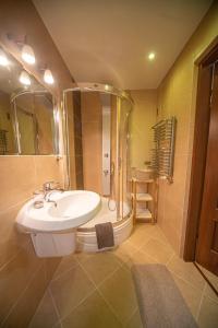 a bathroom with a sink and a shower at Apartamenty Nad Dunajcem in Szczawnica +35 photos