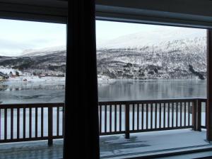 Arctic Inn في Gratangen: اطلالة على البحيرة من النافذة
