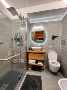 een badkamer met een wastafel, een toilet en een douche bij Cozy studio apartment (110) in Breuil-Cervinia