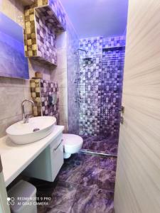 a bathroom with a sink and a toilet and a shower at Premium apartman Family in Paralia Katerinis