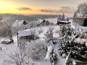 un patio cubierto de nieve con árboles y una casa en Fewo Kuller, en Lauscha