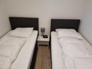 dos camas sentadas una al lado de la otra en una habitación en Vakantiewoning Maas en Waal 195 en Ewijk