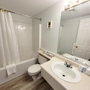 uma casa de banho com um lavatório, um WC e um espelho. em Ridgeview Motor Inn em Gold River