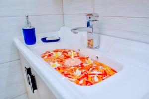 a sink with a tray of colorful objects in it at L'Etoile in Flic-en-Flac +10 photos