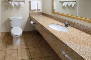 a bathroom with a toilet and a sink with a mirror at Comfort Inn & Suites in Shakopee