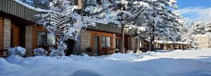 um edifício coberto de neve com árvores à sua frente em West Winds Lodge em Ruidoso