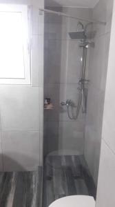 a bathroom with a shower with a toilet and a window at Diktynna villa in Palekastron +52 photos