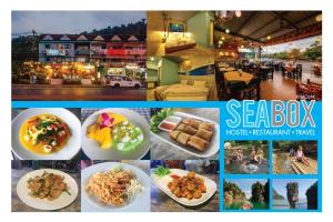 a collage of pictures of food and a restaurant at Seabox Khaolak Hostel in Khao Lak