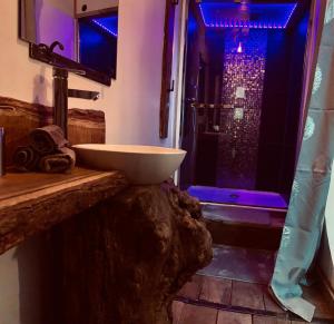 a bathroom with a sink and a shower with a window at Ferme d'Audelange in Audelange