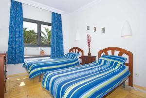 プラヤ・ブランカにあるCasa del Loroの青いカーテンが備わる客室のベッド2台