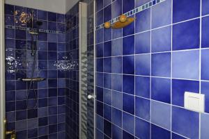 a blue tiled bathroom with a shower with blue tiles at Apartment in Bénodet near Sandy Beaches in Bénodet +16 photos