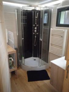 a shower with a glass door in a bathroom at Le charmant somme - vue et terrasse privative in Saint-Pierre-dʼEntremont