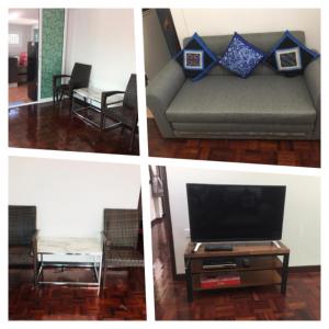 four pictures of a living room with a couch and a tv at Nicha Pool Villa in Hua Hin