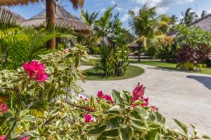 een pad door een resort met roze bloemen bij Emocean Beach Boutique Dive Resort in Amed