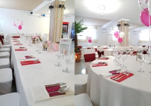 a dining room with white tables and pink balloons at Pensiunea La Beny in Cicir