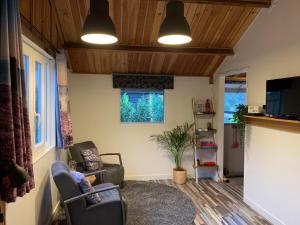 een woonkamer met een bank en een tv bij Veluwse Bos en Heide Studio in Otterlo