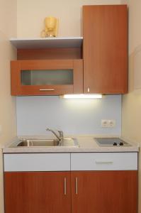 a kitchen with wooden cabinets and a sink at Apartmani Kristiana in Jezera