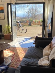 a living room with a couch and a bike outside at Appartement de 2 chambres avec vue sur la ville piscine partagee et jardin clos a Gaillac in Gaillac