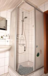 a shower with a glass door in a bathroom at Ferienwohnung Grauschiefer in Irsch