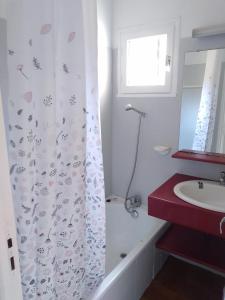 La salle de bains est pourvue d'un lavabo et d'un rideau de douche. dans l'établissement Studio vue mer à Porticcio proche aéroport Ajaccio, à Porticcio