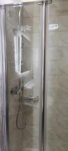 W łazience znajduje się prysznic ze szklanymi drzwiami. w obiekcie appartement calme de 48m2 w mieście Amélie-les-Bains-Palalda