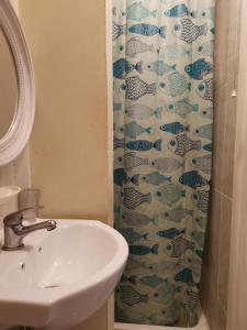 a bathroom with a sink and a shower curtain at Marahanata Jadwin 1 BEAUTIFUL 1 BED ROOM FLAT in London