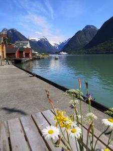 松達爾的住宿－Sogndal ski- and mountain cabin，享有山脉的水域景致