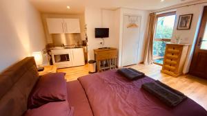 a living room with a couch and a kitchen at Private Detached Annex in Isleham Village in Isleham