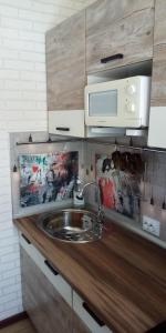 a kitchen with a sink and a microwave at Apartment in Kamchatka on Abelya in Petropavlovsk-Kamchatskiy