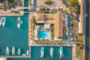 an aerial view of a marina with boats at Ianos Hotel in Lefkada Town