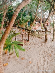 una playa de arena con árboles y un banco en la arena en Romaclan Villa, en Midigama East