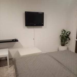 sypialnia z telewizorem z płaskim ekranem na białej ścianie w obiekcie Apartmán BlueA w Igławie