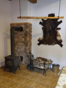 a living room with a wood stove in a room at apartmány pod Vysákem in Stárkov