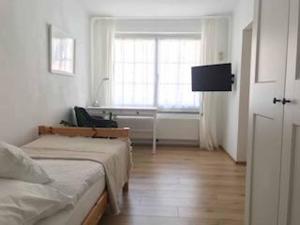 多瑙河畔克雷姆斯的住宿－Gästehaus Lurger，一间卧室设有一张床、一个窗口和一台电视