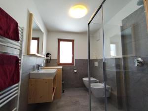 y baño con aseo, lavabo y ducha. en Zimmererhof en Bressanone