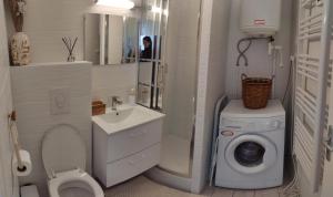 a bathroom with a toilet and a sink and a washing machine at Charmant studio in Arcachon