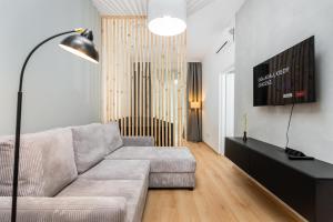 uma sala de estar com um sofá e uma televisão em Modern Centrally Located Apartment na Cracóvia