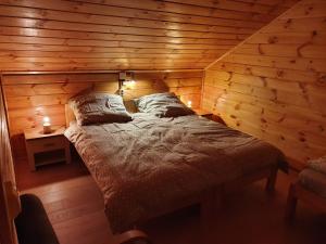 a bedroom with a bed in a wooden cabin at Pod Mareszką in Krempna