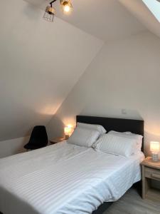 een slaapkamer met een bed met witte lakens en 2 lampen bij amandine in Baguer-Pican