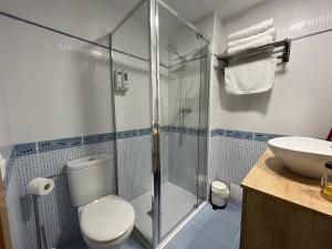 ein Bad mit einer Dusche, einem WC und einem Waschbecken in der Unterkunft El Llano Zaragoza in Saragossa
