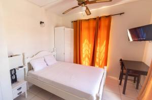 a bedroom with a bed and a desk and a television at St. James Guesthouse in Roseau