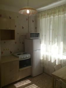 ノヴォシビルスクにあるApartments na Ploshchad Marksaのキッチン(コンロ、冷蔵庫付)、窓が備わります。