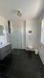 a bathroom with a toilet and a sink and a shower at Ferienhaus 17 "Gut Tossens" in Butjadingen
